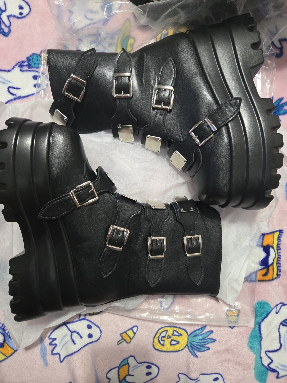 Black Chunky Platform Buckle Boots